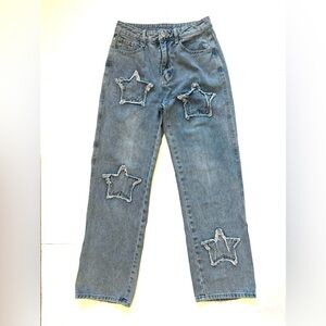 Straight Leg Jeans Raw Edge Star Appliqué High Waist‎ Light Blue Women’s size S